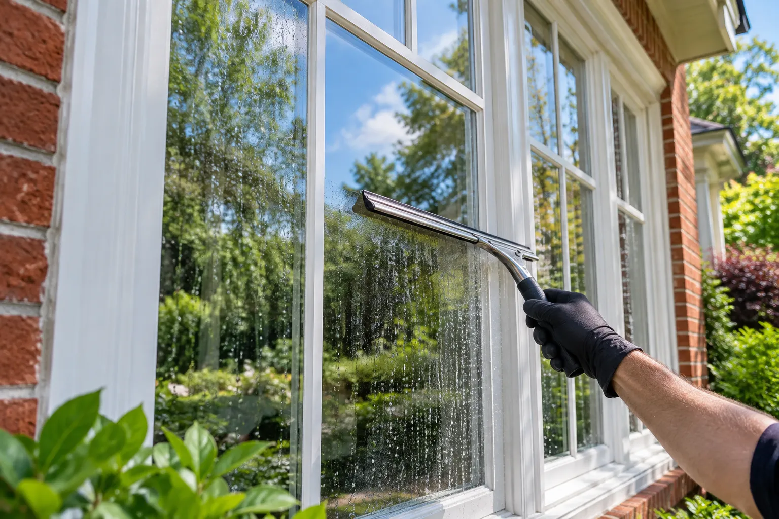 Illustration of a squeegee cleaning a white-framed window on a brick home.